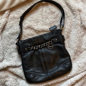 Coach signature black leather shoulder bag with chain accent